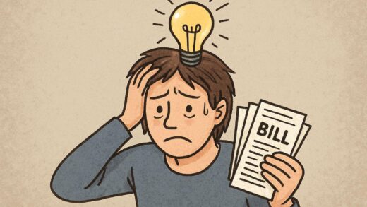 A person looking stressed while holding many bills, with a lightbulb appearing above their head, symbolizing cognitive load and reduced mental capacity.