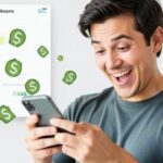 A person looking surprised and happy while checking their banking app on a smartphone, with money symbols floating around, representing high interest earnings. The background shows a simple, clean financial interface.