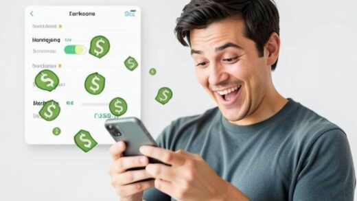 A person looking surprised and happy while checking their banking app on a smartphone, with money symbols floating around, representing high interest earnings. The background shows a simple, clean financial interface.