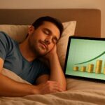 A person sleeping peacefully while a graph showing growing money flows is displayed on a tablet next to them. The atmosphere is calm and prosperous.