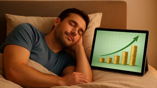 A person sleeping peacefully while a graph showing growing money flows is displayed on a tablet next to them. The atmosphere is calm and prosperous.