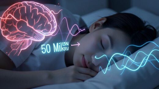 A person sleeping peacefully with a glowing bank account showing 50 million KRW, surrounded by abstract brain waves transforming from red stress signals to calm blue waves, digital art style with soft lighting.