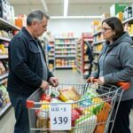 A person standing thoughtfully in a supermarket aisle looking at a shopping cart full of groceries, with a price tag showing rising costs, conveying a sense of economic pressure and contemplation.