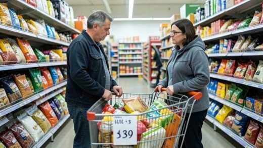 A person standing thoughtfully in a supermarket aisle looking at a shopping cart full of groceries, with a price tag showing rising costs, conveying a sense of economic pressure and contemplation.