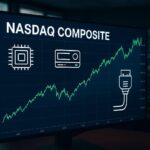 A powerful upward trending Nasdaq composite index chart on a financial dashboard with AI infrastructure icons (CPU chip, memory storage, network cables) overlaying the graph, professional trading room background