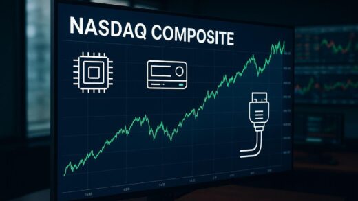A powerful upward trending Nasdaq composite index chart on a financial dashboard with AI infrastructure icons (CPU chip, memory storage, network cables) overlaying the graph, professional trading room background
