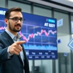 A professional business analyst pointing at Samsung Electronics stock chart on a large digital screen in a modern office, with AI and semiconductor icons floating in the background, representing quarterly earnings announcement importance.