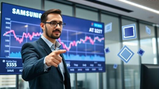 A professional business analyst pointing at Samsung Electronics stock chart on a large digital screen in a modern office, with AI and semiconductor icons floating in the background, representing quarterly earnings announcement importance.
