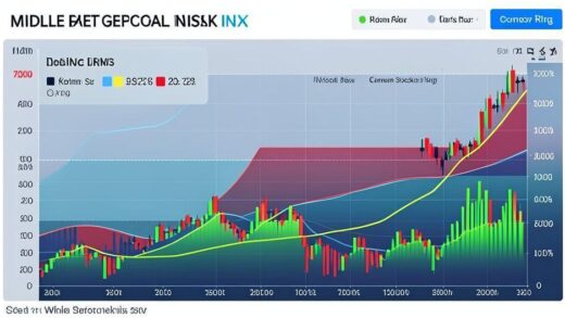 A professional chart showing Middle East geopolitical risk index declining while Korean stock index rising, with oil price and currency exchange rate fluctuations in the background, modern financial data visualization style with clean lines and contrasting colors