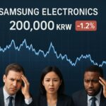 A professional chart showing Samsung Electronics stock price fluctuating around 200,000 KRW with confused investors in the background, modern financial dashboard style