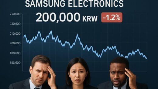 A professional chart showing Samsung Electronics stock price fluctuating around 200,000 KRW with confused investors in the background, modern financial dashboard style