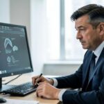 A professional detective in a modern office setting, reviewing evidence on a computer screen, with a focused and analytical expression, soft natural lighting.