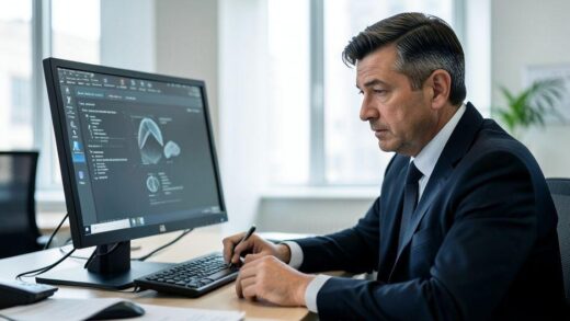 A professional detective in a modern office setting, reviewing evidence on a computer screen, with a focused and analytical expression, soft natural lighting.