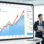 A professional economic analysis chart showing Korea's GDP growth trend with conflicting upward and downward arrows, on a modern dashboard with multiple data indicators, business people discussing in background, realistic style.