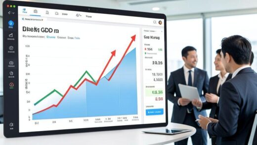A professional economic analysis chart showing Korea's GDP growth trend with conflicting upward and downward arrows, on a modern dashboard with multiple data indicators, business people discussing in background, realistic style.