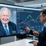 A professional economic analyst pointing at a large screen showing Warren Buffett's face and a chart of S&P 500 index fund growth, modern office background with financial data on monitors, 2026 style.