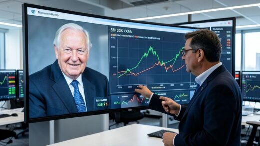 A professional economic analyst pointing at a large screen showing Warren Buffett's face and a chart of S&P 500 index fund growth, modern office background with financial data on monitors, 2026 style.