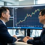 A professional financial analyst in a modern office, looking at a large digital screen displaying KOSPI index charts with an upward trend. The atmosphere is confident and analytical.