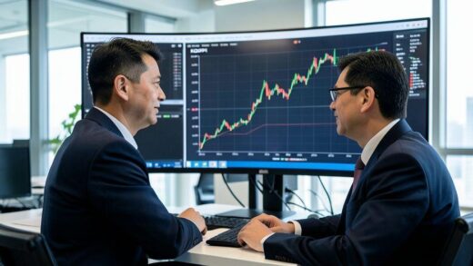 A professional financial analyst in a modern office, looking at a large digital screen displaying KOSPI index charts with an upward trend. The atmosphere is confident and analytical.
