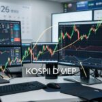 A professional financial chart showing Korean stock index KOSPI trending upward with Middle East peace dove symbol overlay, modern trading desk with multiple monitors displaying market data, 2026 calendar visible in background.