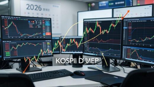 A professional financial chart showing Korean stock index KOSPI trending upward with Middle East peace dove symbol overlay, modern trading desk with multiple monitors displaying market data, 2026 calendar visible in background.