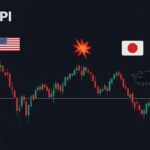 A professional financial chart showing KOSPI index fluctuations around 6000 level with geopolitical risk symbols like flags and conflict zones overlay, dark theme with red and green candlesticks
