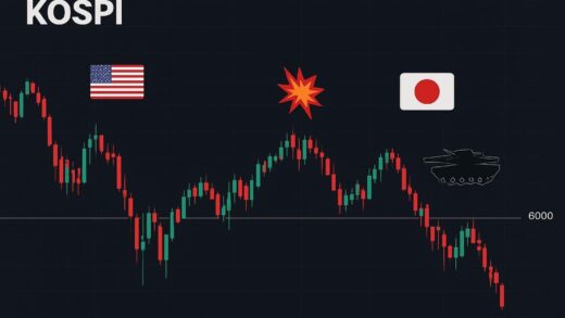 A professional financial chart showing KOSPI index fluctuations around 6000 level with geopolitical risk symbols like flags and conflict zones overlay, dark theme with red and green candlesticks