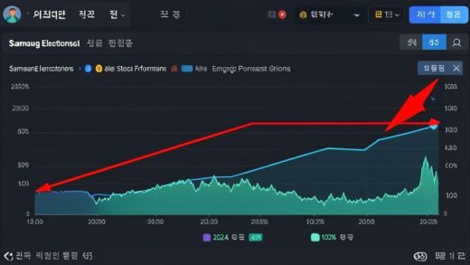 A professional financial chart showing Samsung Electronics stock price growth versus earnings forecast growth from 2024 to 2026, with red arrows indicating the gap between actual stock performance and earnings projections, on a dark themed dashboard with Korean won symbols and percentage indicators.