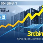 A professional financial infographic showing foreign and institutional investors pouring money into Samsung SDI stock, with upward trending arrows and 3 trillion won highlighted. In the background, AI data centers and battery energy storage systems are visible.