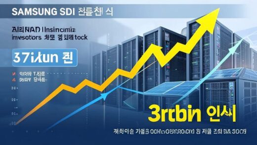 A professional financial infographic showing foreign and institutional investors pouring money into Samsung SDI stock, with upward trending arrows and 3 trillion won highlighted. In the background, AI data centers and battery energy storage systems are visible.