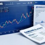 A professional graphic showing Samsung Electronics stock chart with upward trend, financial report documents, and rising arrow indicators, modern blue and white corporate style, 3D rendering, stock market visualization