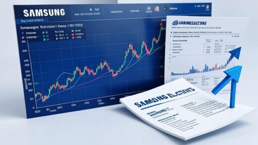 A professional graphic showing Samsung Electronics stock chart with upward trend, financial report documents, and rising arrow indicators, modern blue and white corporate style, 3D rendering, stock market visualization
