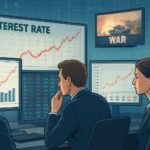 A professional illustration showing Wall Street analysts looking at interest rate charts on multiple screens while war news plays on a small TV in the background, with graphs and financial data overlays.