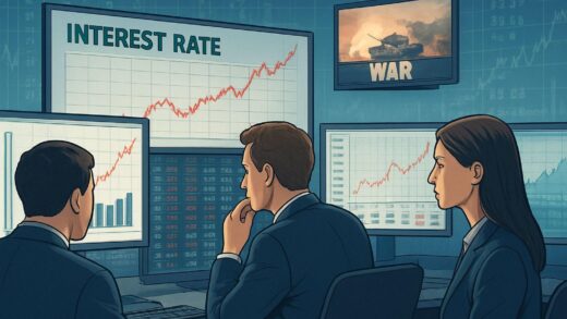 A professional illustration showing Wall Street analysts looking at interest rate charts on multiple screens while war news plays on a small TV in the background, with graphs and financial data overlays.