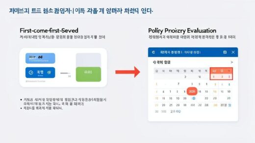 A professional infographic showing a before-and-after comparison of the small business funding system, with arrows moving from 'First-come-first-served' to 'Policy Priority Evaluation', digital interface elements, calendar with April 2026 highlighted, Korean text elements, clean modern design on a light background.