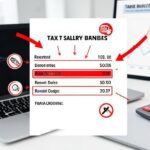 A professional infographic showing a salary slip with tax deductions highlighted in red, with arrows pointing to refund icons, set in a modern office environment with a laptop and calculator, business chart in background, professional and clean design