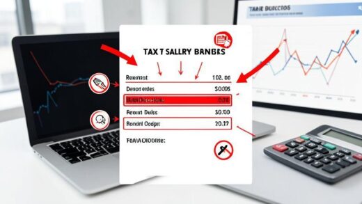 A professional infographic showing a salary slip with tax deductions highlighted in red, with arrows pointing to refund icons, set in a modern office environment with a laptop and calculator, business chart in background, professional and clean design