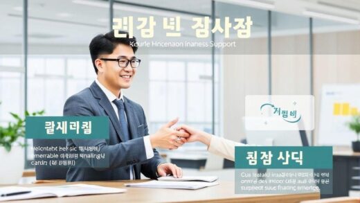 A professional infographic showing a small business owner receiving financial support, with Korean text elements highlighting '일시적 경영회로 자금' and '최대 7천만 원', set in a modern office environment with charts and documents visible.