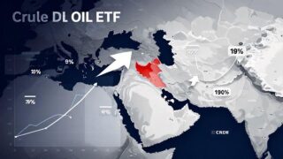 A professional infographic showing crude oil ETF performance charts with upward arrows, Middle East map with conflict zones highlighted, and percentage growth indicators floating around the visual elements.