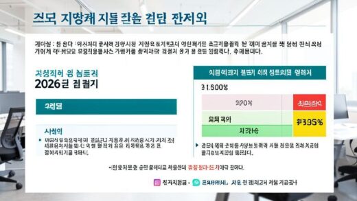 A professional infographic showing government budget allocation for small business closure support in 2026, with charts showing increased funding amounts and expanded beneficiary numbers, in a modern office setting with Korean text elements.