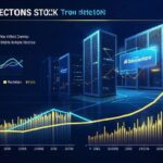 A professional infographic showing Samsung Electronics stock growth from 2025 to 2026 with HBM memory chips and AI data centers in the background, data visualization charts showing revenue projections exploding upward, futuristic blue and gold color scheme