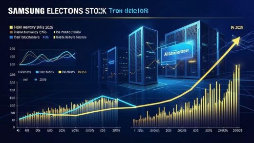 A professional infographic showing Samsung Electronics stock growth from 2025 to 2026 with HBM memory chips and AI data centers in the background, data visualization charts showing revenue projections exploding upward, futuristic blue and gold color scheme