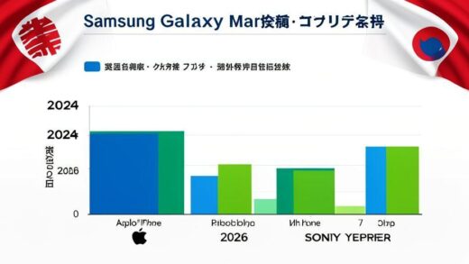 A professional infographic showing Samsung Galaxy smartphone market share growth in Japan from 2024 to 2026, with comparison graphs against Apple iPhone and Sony Xperia, displayed in a modern business presentation style with Japanese and Korean flags in the background.