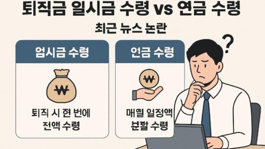 A professional infographic showing the difference between lump-sum retirement payment and pension scheme, with Korean text explaining the recent news controversy, modern office worker looking confused at computer screen with financial news