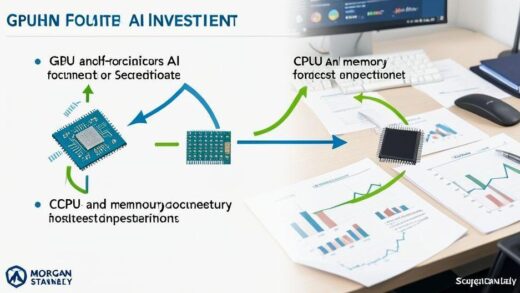 A professional infographic showing the transition from GPU-focused AI investment to CPU and memory-focused investment, with arrows moving between different semiconductor components, Morgan Stanley logo visible in the corner, data visualization elements, modern financial analyst desk with reports and charts.