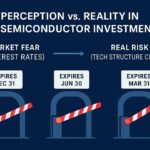 A professional infographic showing three different toll gates labeled with expiration dates, with arrows pointing from 'Market Fear (Interest Rates)' to 'Real Risk (Tech Structure Change)', showing the gap between perception and reality in AI semiconductor investment, dark blue and red color scheme, data visualization style