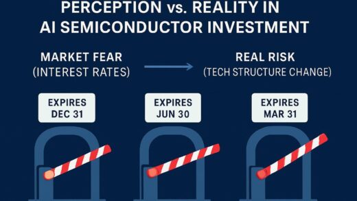 A professional infographic showing three different toll gates labeled with expiration dates, with arrows pointing from 'Market Fear (Interest Rates)' to 'Real Risk (Tech Structure Change)', showing the gap between perception and reality in AI semiconductor investment, dark blue and red color scheme, data visualization style