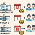 A professional infographic showing three Korean local government buildings (Gyeongsangnam-do, Suncheon-si, Seongnam-si) with money icons flowing to citizens, with calendar dates and won symbols highlighted in red.