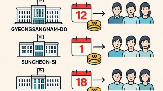 A professional infographic showing three Korean local government buildings (Gyeongsangnam-do, Suncheon-si, Seongnam-si) with money icons flowing to citizens, with calendar dates and won symbols highlighted in red.