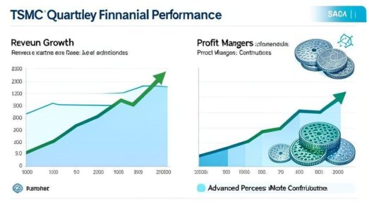 A professional infographic showing TSMC's quarterly financial performance with charts for revenue growth, profit margins, and advanced process node contributions. Visual elements include upward trending graphs, semiconductor wafers, and AI-related icons.